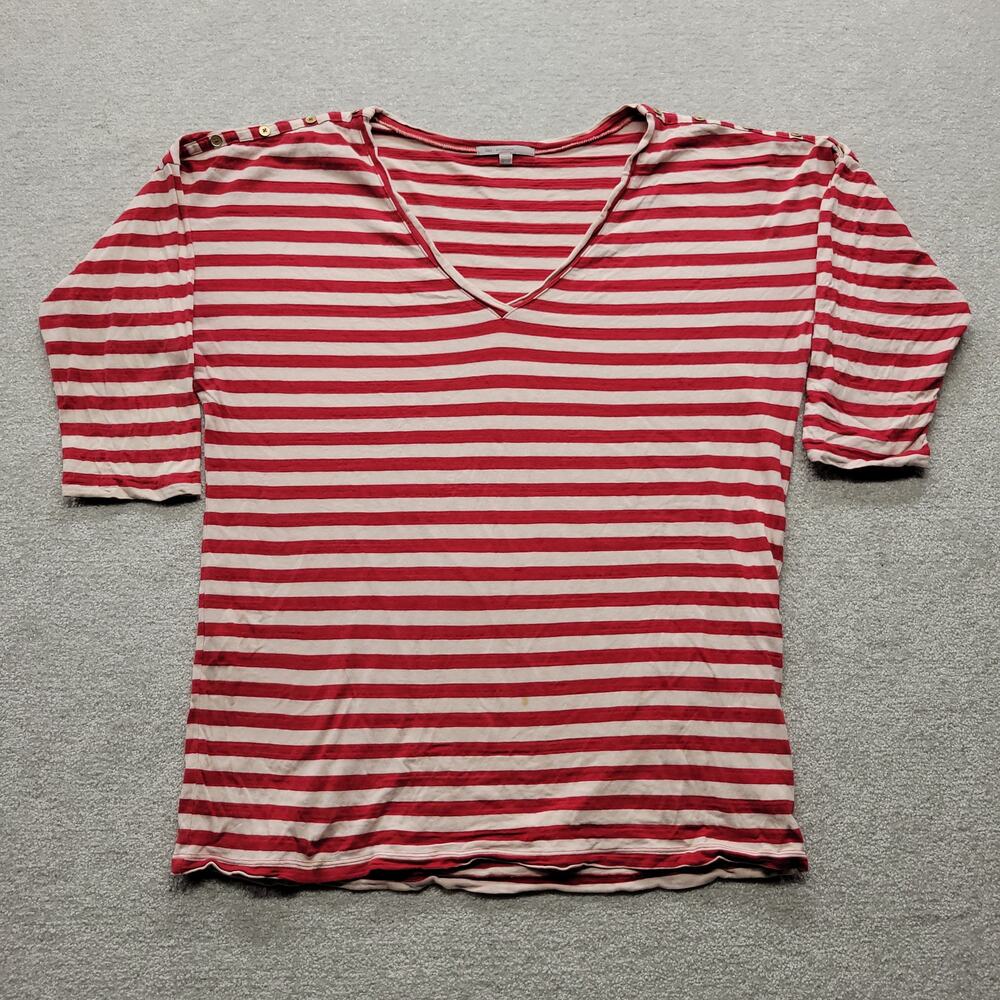 Gap Women’s XL Red White Striped V Neck Shirt 3/4 Sleeve Shoulder Button Top